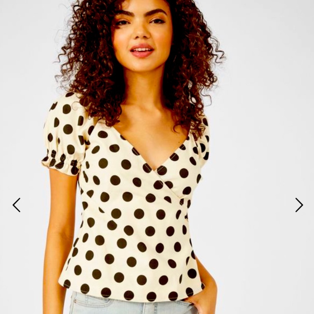 Cream Surplice Puff Sleeve Polka Dot Top